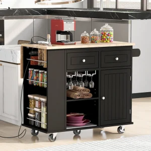 Runesay Black Mdf Base with Mdf Wood Top Rolling Kitchen Island (29.33-in x 39.8-in x 33.7-in)