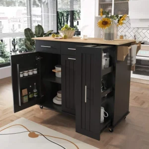 Runesay Black Mdf Base with Mdf Wood Top Rolling Kitchen Island (29.5-in x 46-in x 37-in)