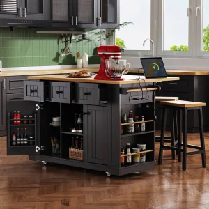 Runesay Black Mdf Base with Mdf Wood Top Rolling Kitchen Island (29.52-in x 53.14-in x 36.4-in)