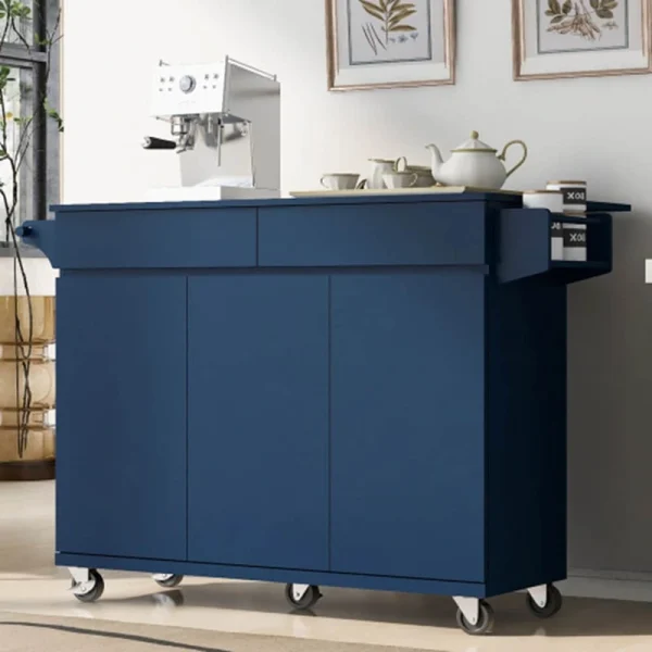 Runesay Blue Mdf Base with Mdf Wood Top Rolling Kitchen Island (27.56-in x 53.15-in x 36.33-in)
