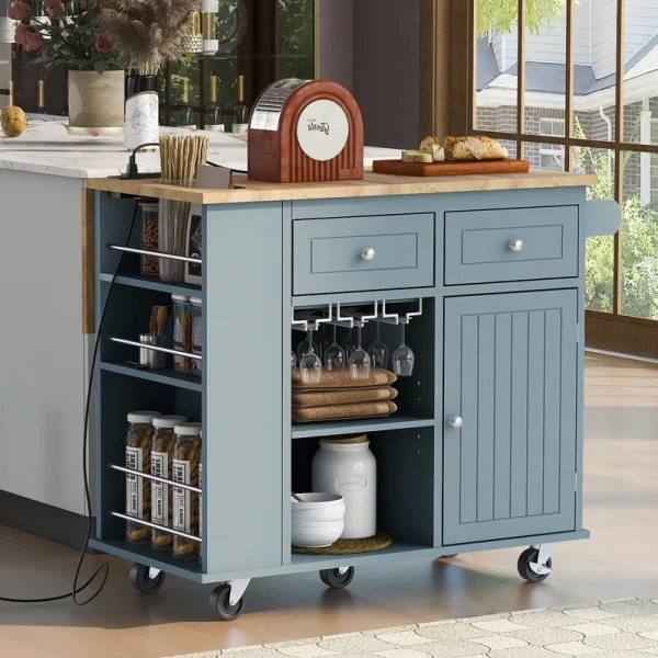 Runesay Blue Mdf Base with Mdf Wood Top Rolling Kitchen Island (29.33-in x 39.8-in x 33.7-in)
