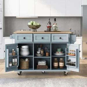 Runesay Blue Wood Base with Wood Top Rolling Kitchen Island (29.5-in x 53.1-in x 37.2-in)