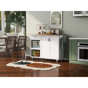Runesay White Mdf Base with Mdf Wood Top Rolling Kitchen Island (33.2-in x 49.02-in x 37.54-in)