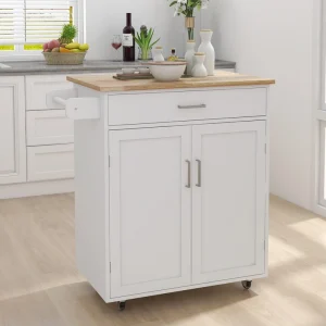 Runesay White Wood Base with Wood Top Rolling Kitchen Island (17.72-in x 32.68-in x 36.02-in)