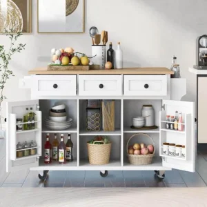 Runesay White Wood Base with Wood Top Rolling Kitchen Island (29.5-in x 53.1-in x 37.2-in)