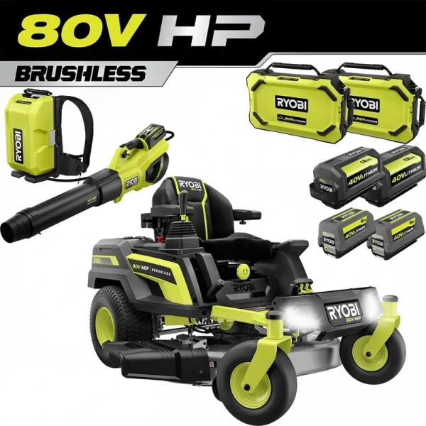 RYOBI 42 in. 80-Volt HP Brushless Battery Electric Cordless Zero Turn Mower, Blower, Backpack Battery – Batteries and Chargers