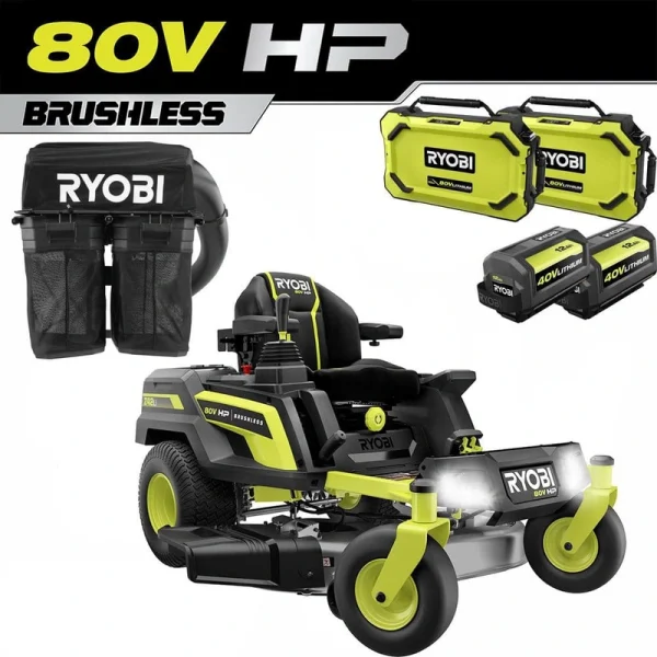 RYOBI 80V HP Brushless 42 in. Battery Electric Cordless Zero Turn Mower with Bagger, (2) 80V 10 Ah, (2) 12 Ah 40V Batteries