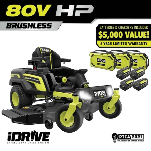 RYOBI 80V HP Brushless 54 in. Battery Electric Cordless Zero Turn Riding Mower (3) 80V Batteries (4) 40V Batteries and Charger