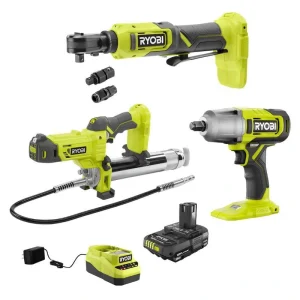 RYOBI ONE+ 18V Cordless 3-Tool Automotive Combo Kit w/Grease Gun, Multi Size Ratchet, Impact Wrench, 2.0 Ah Battery, & Charger