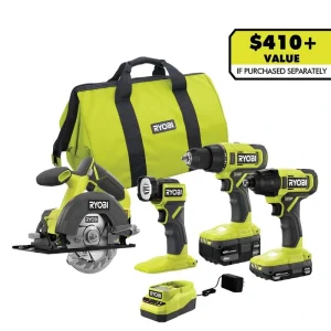 RYOBI ONE+ 18V Cordless 4-Tool Combo Kit with 1.5 Ah Battery, 4.0 Ah Battery, and Charger