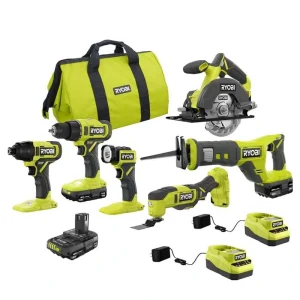 RYOBI ONE+ 18V Cordless 6-Tool Combo Kit w/ 1.5 Ah Battery, 4.0 Ah Battery, & Charger w/ 2.0 Ah Battery and Charger