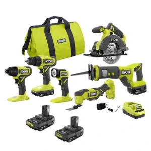 RYOBI ONE+ 18V Cordless 6-Tool Combo Kit with 1.5 Ah Battery, 4.0 Ah Battery, Charger, and 2.0 Ah Battery (2-Pack)