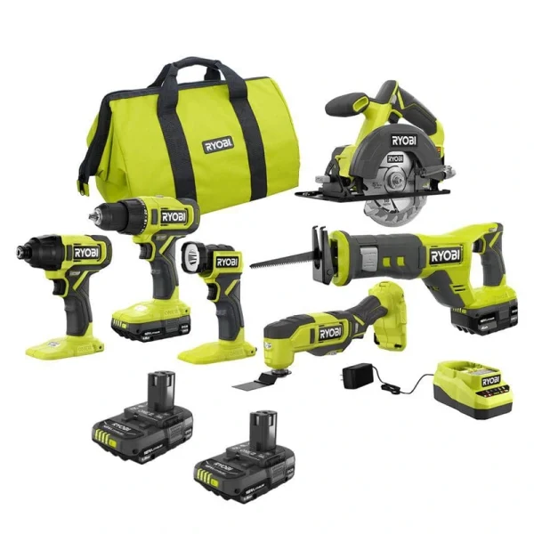 RYOBI ONE+ 18V Cordless 6-Tool Combo Kit with 1.5 Ah Battery, 4.0 Ah Battery, Charger, and 2.0 Ah Battery (2-Pack)