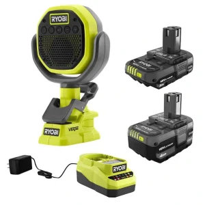 RYOBI ONE+ 18V Lithium-Ion 4.0 Ah Battery, 2.0 Ah Battery, and Charger Kit with ONE+ Cordless VERSE Clamp Speaker