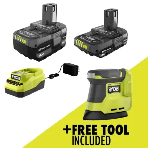 RYOBI ONE+ 18V Lithium-Ion Kit with 2.0 Ah and 4.0 Ah Batteries, Charger, and Free ONE+ 18V Cordless Corner Cat Finish Sander