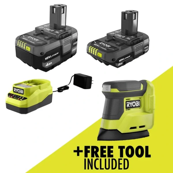RYOBI ONE+ 18V Lithium-Ion Kit with 2.0 Ah and 4.0 Ah Batteries, Charger, and Free ONE+ 18V Cordless Corner Cat Finish Sander