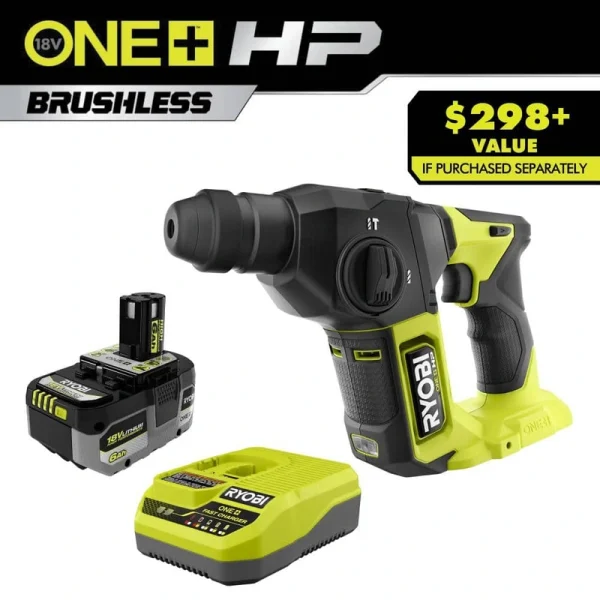 RYOBI ONE+ HP 18V 6.0 Ah Lithium-Ion HIGH PERFORMANCE Battery and Charger Kit with ONE+ HP 18V Brushless SDS Rotary Hammer
