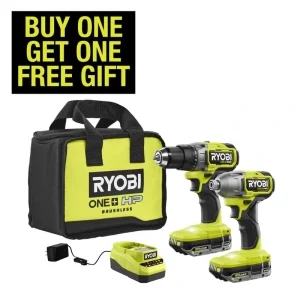 RYOBI ONE+ HP 18V Brushless Cordless 1/2 in. Drill/Driver and Impact Driver Kit w/(2) 2.0 Ah Batteries, Charger, and Bag