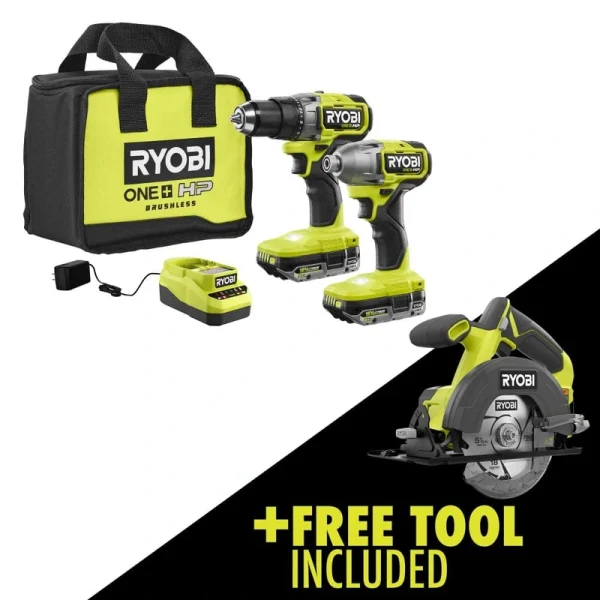 RYOBI ONE+ HP 18V Brushless Cordless 2-Tool Combo Kit w/(2) 2.0 Ah Batteries, Charger, Bag, and FREE 5-1/2 in. Circular Saw