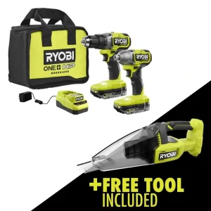 RYOBI ONE+ HP 18V Brushless Cordless 2-Tool Combo Kit w/(2) 2.0 Ah Batteries, Charger, Bag, and FREE Cordless Hand Vacuum