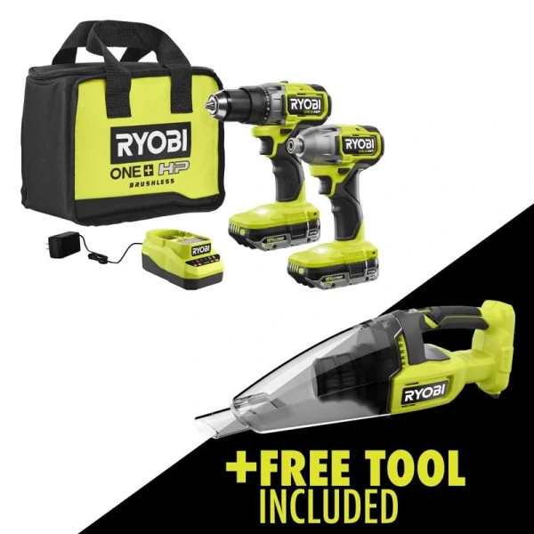 RYOBI ONE+ HP 18V Brushless Cordless 2-Tool Combo Kit w/(2) 2.0 Ah Batteries, Charger, Bag, and FREE Cordless Hand Vacuum