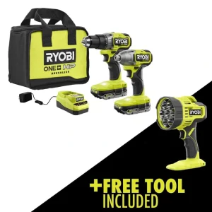 RYOBI ONE+ HP 18V Brushless Cordless 2-Tool Combo Kit w/(2) 2.0 Ah Batteries, Charger, Bag, and FREE Cordless LED Spotlight