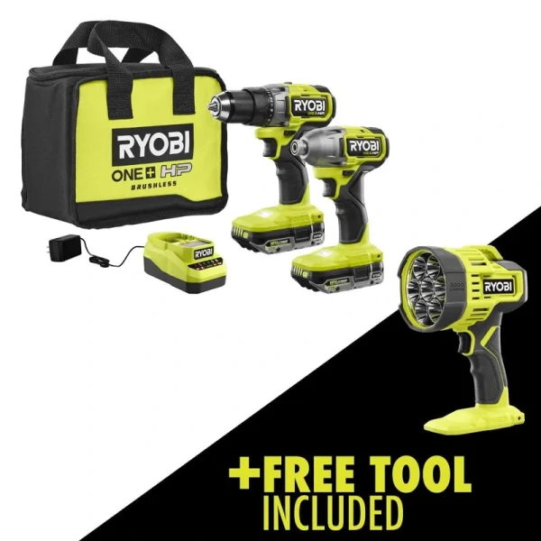 RYOBI ONE+ HP 18V Brushless Cordless 2-Tool Combo Kit w/(2) 2.0 Ah Batteries, Charger, Bag, and FREE Cordless LED Spotlight