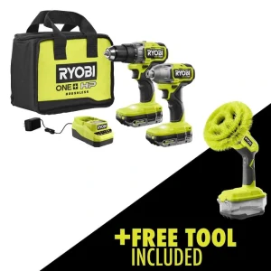 RYOBI ONE+ HP 18V Brushless Cordless 2-Tool Combo Kit w/(2) 2.0 Ah Batteries, Charger, Bag, and FREE Cordless Power Scrubber