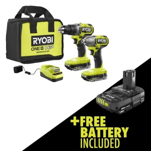 RYOBI ONE+ HP 18V Brushless Cordless 2-Tool Combo Kit w/(2) 2.0 Ah Batteries, Charger, Bag, and FREE ONE+ 2.0 Ah Battery