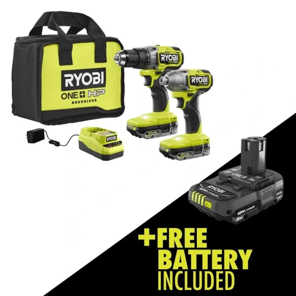 RYOBI ONE+ HP 18V Brushless Cordless 2-Tool Combo Kit w/(2) 2.0 Ah Batteries, Charger, Bag, and FREE ONE+ 2.0 Ah Battery