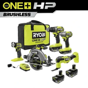 RYOBI ONE+ HP 18V Brushless Cordless 5-Tool Combo Kit w/ (2) Batteries, Charger, Bag & FREE (2) 6.0 HIGH PERFORMANCE Batteries