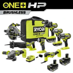 RYOBI ONE+ HP 18V Brushless Cordless 8-Tool Combo Kit w/ Batteries, Charger, & Bag w/ FREE (2) 6.0 HIGH PERFORMANCE Batteries