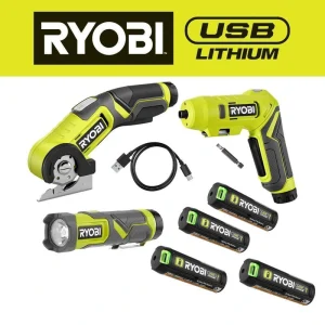 RYOBI USB Lithium 3-Tool Combo Kit w/ Flashlight, Screwdriver, Cutter, (2) Batteries, Charger & USB Lithium 3Ah Battery (2Pk)