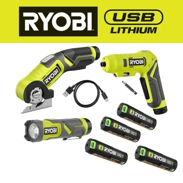 RYOBI USB Lithium 3-Tool Combo Kit w/ Flashlight, Screwdriver, Cutter, (2) Batteries, Charger & USB Lithium 3Ah Battery (2Pk)