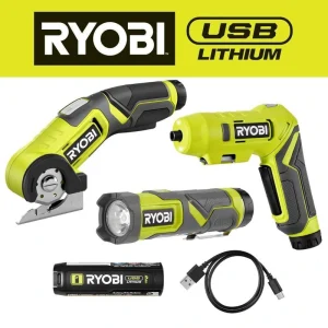 RYOBI USB Lithium 3-Tool Cordless Combo Kit with 2.0 Ah Battery and Charging Cable