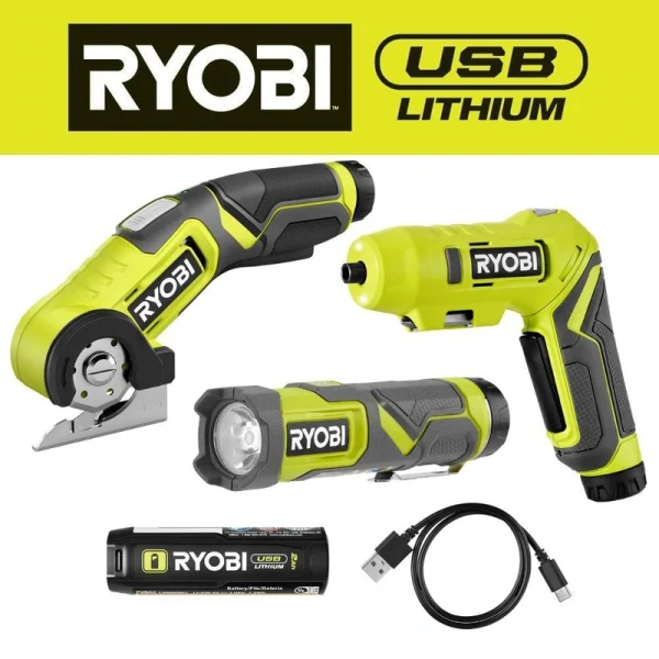 RYOBI USB Lithium 3-Tool Cordless Combo Kit with 2.0 Ah Battery and Charging Cable