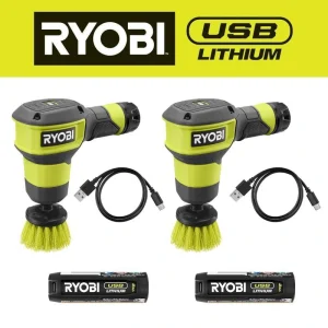 RYOBI USB Lithium Compact Scrubber Kit with 2.0 Ah Battery, USB Charging Cord, and 2 in. Medium Bristle Brush (2-Pack)