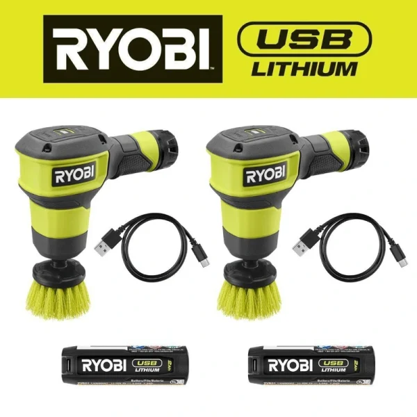 RYOBI USB Lithium Compact Scrubber Kit with 2.0 Ah Battery, USB Charging Cord, and 2 in. Medium Bristle Brush (2-Pack)