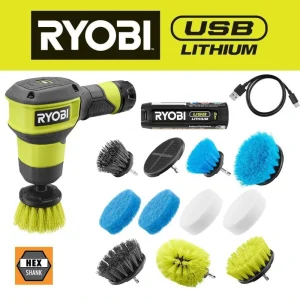 RYOBI USB Lithium Compact Scrubber Kit with Battery, Charging Cord, Medium Bristle Brush, & Scrubber Accessory Kit (11-Piece)