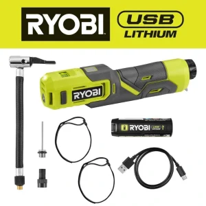 RYOBI USB Lithium Cordless High Pressure Portable Inflator Kit with 2.0 Ah USB Lithium Battery and Charging Cable