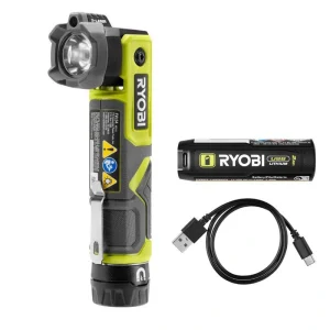 RYOBI USB Lithium Pivoting 625 Lumens Rechargeable Head Flashlight Kit with 2.0 Ah Battery and Charging Cable