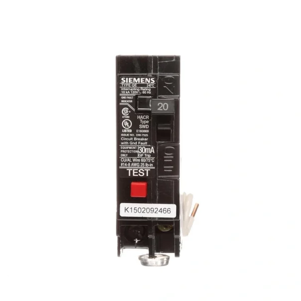 Siemens 20 Amp Single Pole Type QE Ground Fault Equipment Protection Circuit Breaker