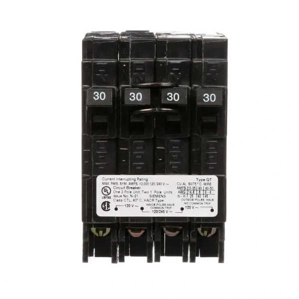 Siemens 30 Amp Double-Pole and (2) 30 Amp Single-Pole Type QT Quad Circuit Breaker