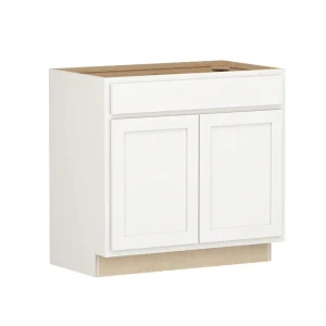 SIMPLY WOODMARK PRO Shaker Partial Overlay 36 in W x 20.75 in D x 34.5 in H Plywood Assembled Vanity Sink Base Bath Cabinet in Linen White