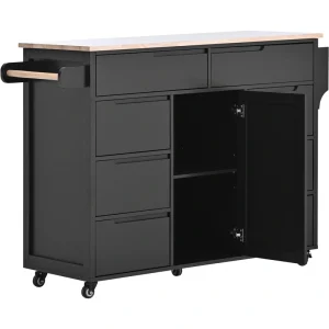 SINOFURN Black Mdf Base with Wood Top Rolling Kitchen Cart (18.5-in x 53.1-in x 37-in)