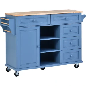 SINOFURN Blue Mdf Base with Wood Top Rolling Kitchen Cart (18.1-in x 52.8-in x 36.2-in) T726917427