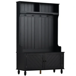 SINOFURN Traditional Black Hall Tree with Storage Bench and Hooks – Entryway Organizer for Coats, Shoes, and Accessories