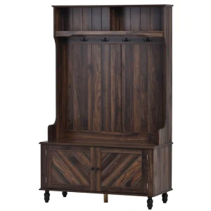 SINOFURN Traditional Hall Tree with Storage Bench and Hooks – Brown Wood Finish – Entryway Organizer for Coats, Shoes, and Accessories