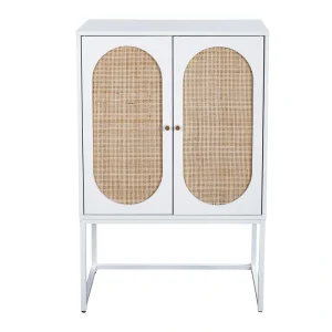 SINOFURN Traditional White Wood Accent Chest with 2 Doors, Adjustable Shelf, and Rattan Bark Detail