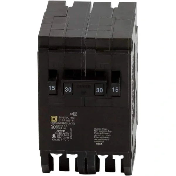 Square D Homeline 2-15 Amp Single-Pole 1-30 Amp 2-Pole Quad Tandem Circuit Breaker